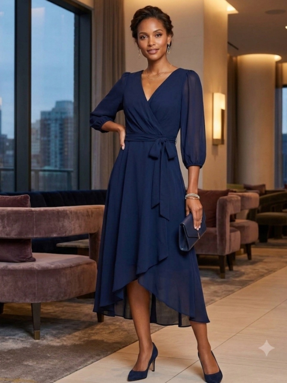 DKNY Navy Wrap High-Low Dress with Tie Waist